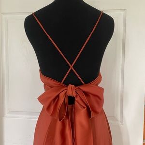 Rust Orange Satin Tea-length Strappy Midi Dress with Bow Back Sz S Backless